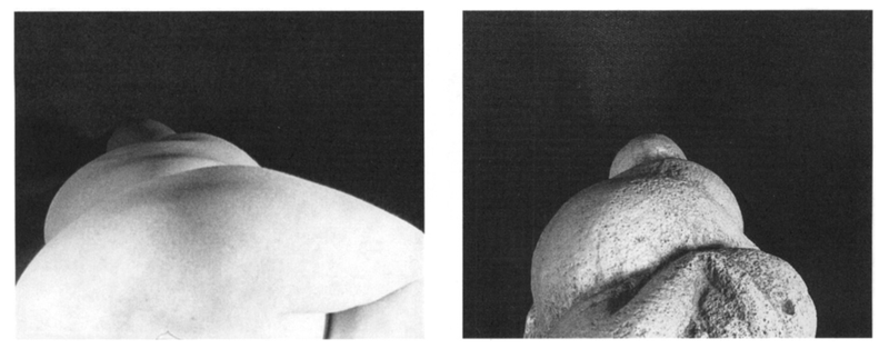 A la izquierda, el punto de vista de una mujer que mira un lado de su cuerpo. A la derecha, la venus de Willendorf desde la misma perspectiva